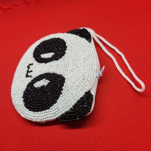Vintage Coin Purse Panda Bear Beaded Black & White Silk Lined - Picture 8 of 11